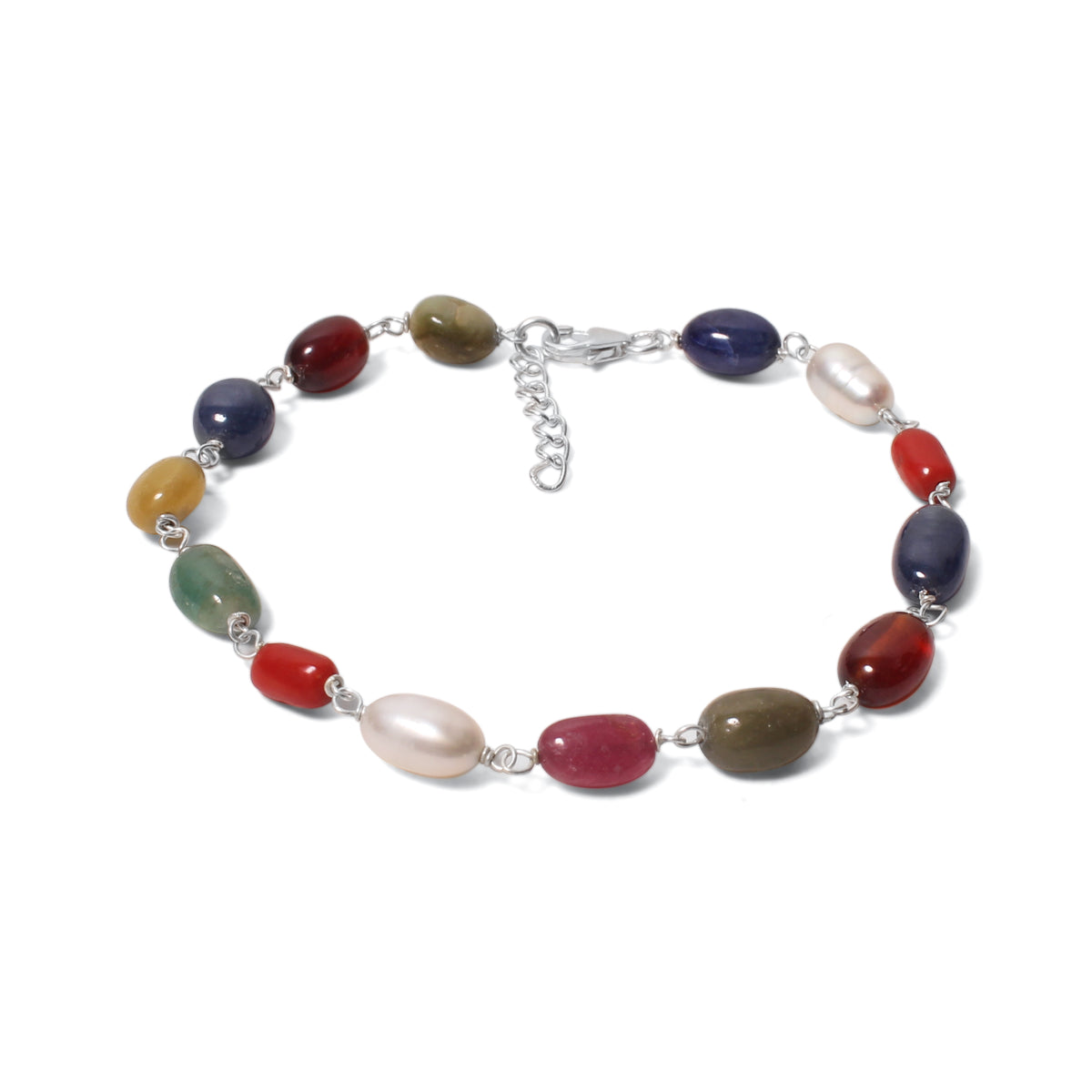 Divine Natural Navratna Gemstone Bracelet – Smooth Oval Nuggets for Luck, Protection & Prosperity