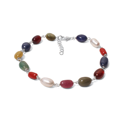 Divine Natural Navratna Gemstone Bracelet – Smooth Oval Nuggets for Luck, Protection & Prosperity