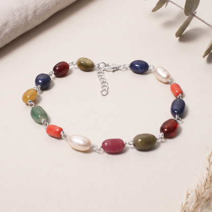 Divine Natural Navratna Gemstone Bracelet – Smooth Oval Nuggets for Luck, Protection & Prosperity
