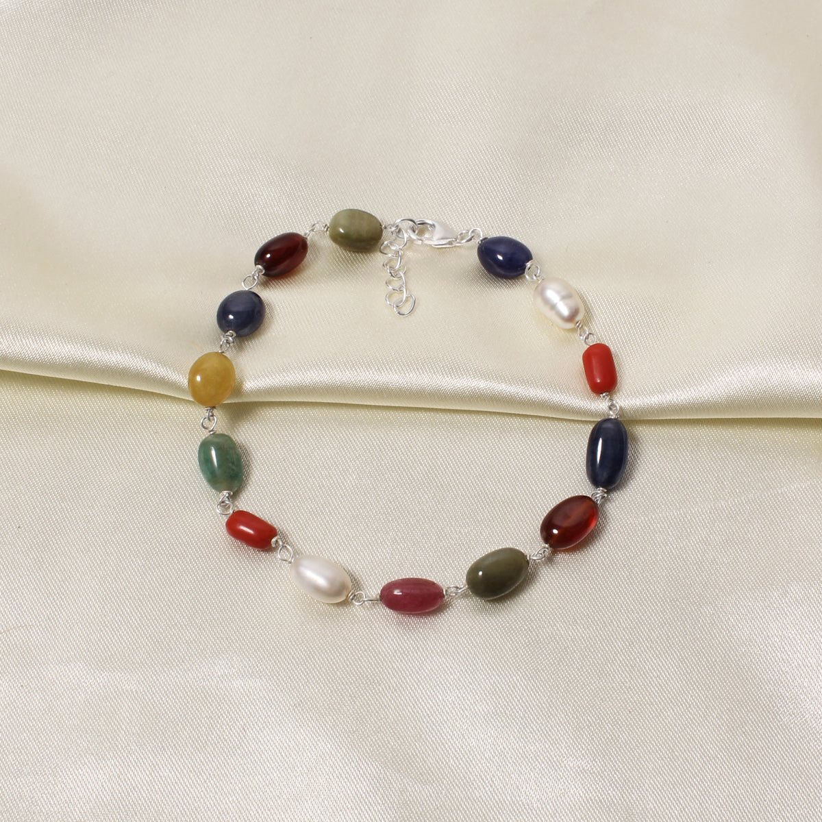 Divine Natural Navratna Gemstone Bracelet – Smooth Oval Nuggets for Luck, Protection & Prosperity