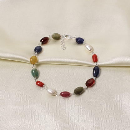 Divine Natural Navratna Gemstone Bracelet – Smooth Oval Nuggets for Luck, Protection & Prosperity