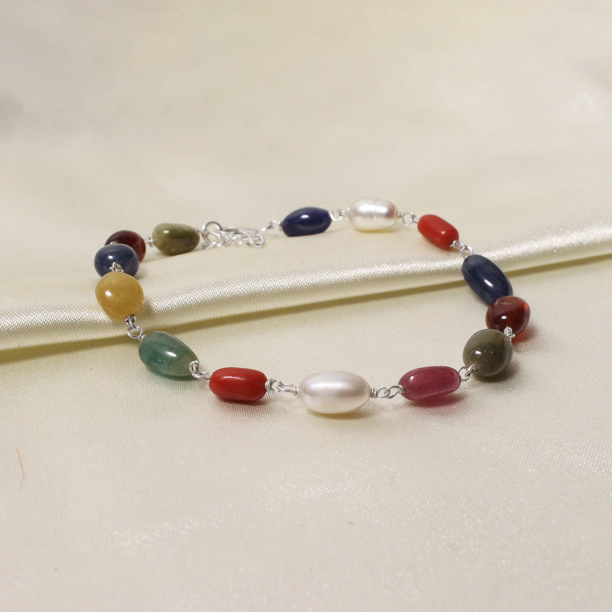 Divine Natural Navratna Gemstone Bracelet – Smooth Oval Nuggets for Luck, Protection & Prosperity