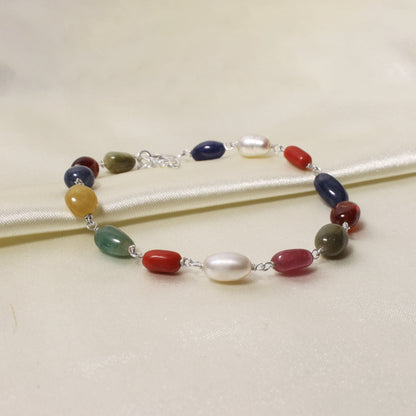 Divine Natural Navratna Gemstone Bracelet – Smooth Oval Nuggets for Luck, Protection & Prosperity