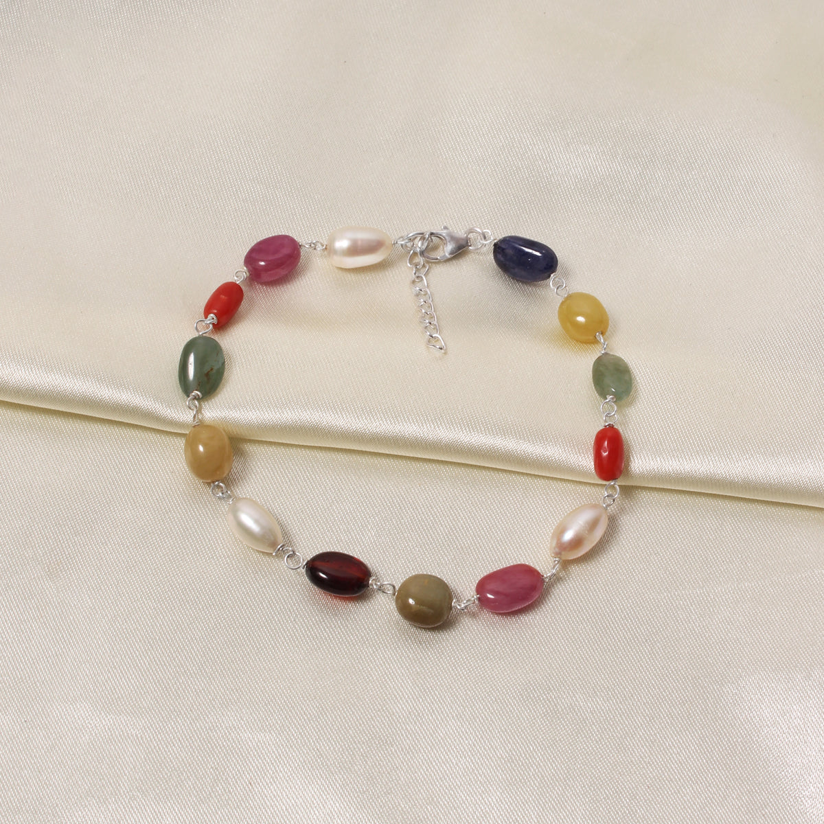 Divine Natural Navratna Gemstone Bracelet – Smooth Oval Nuggets for Luck, Protection & Prosperity