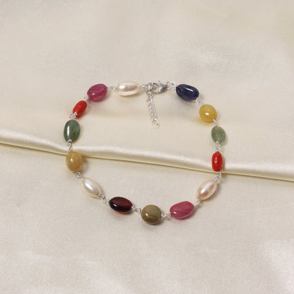 Divine Natural Navratna Gemstone Bracelet – Smooth Oval Nuggets for Luck, Protection & Prosperity