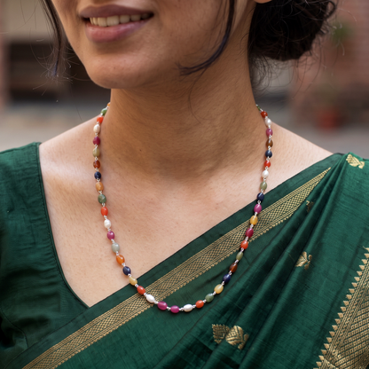 Elegant Natural Navratna Gemstone Necklace – 4×7 mm Smooth Oval Nuggets for Luck, Prosperity & Harmony
