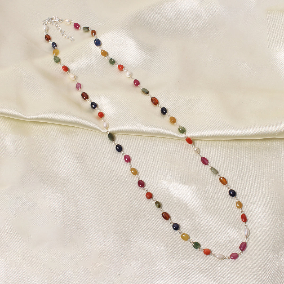 Elegant Natural Navratna Gemstone Necklace – 4×7 mm Smooth Oval Nuggets for Luck, Prosperity & Harmony