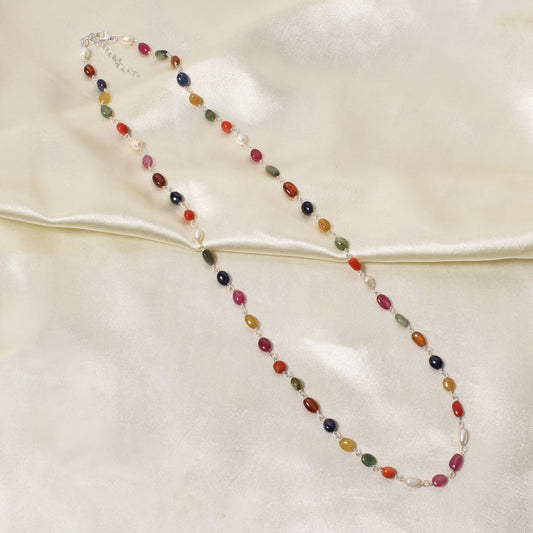 Elegant Natural Navratna Gemstone Necklace – 4×7 mm Smooth Oval Nuggets for Luck, Prosperity & Harmony