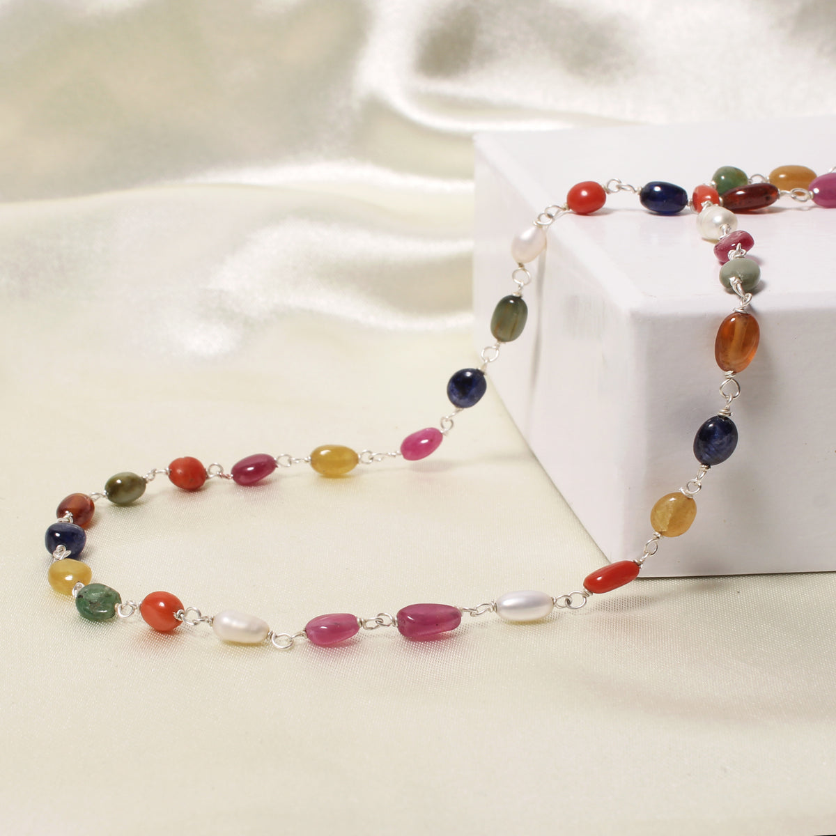 Elegant Natural Navratna Gemstone Necklace – 4×7 mm Smooth Oval Nuggets for Luck, Prosperity & Harmony