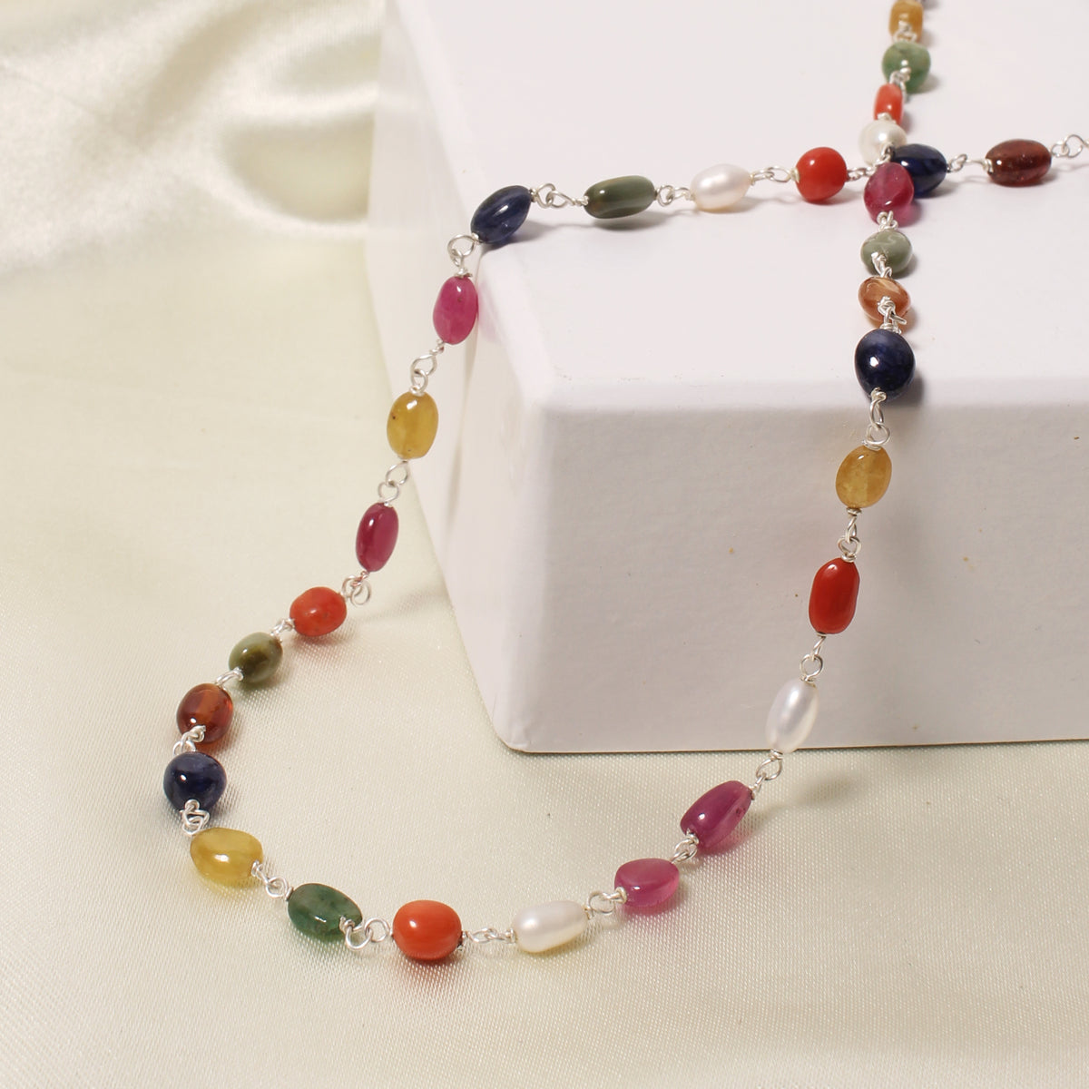 Elegant Natural Navratna Gemstone Necklace – 4×7 mm Smooth Oval Nuggets for Luck, Prosperity & Harmony