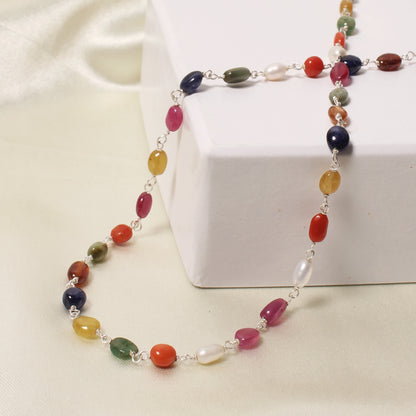 Elegant Natural Navratna Gemstone Necklace – 4×7 mm Smooth Oval Nuggets for Luck, Prosperity & Harmony