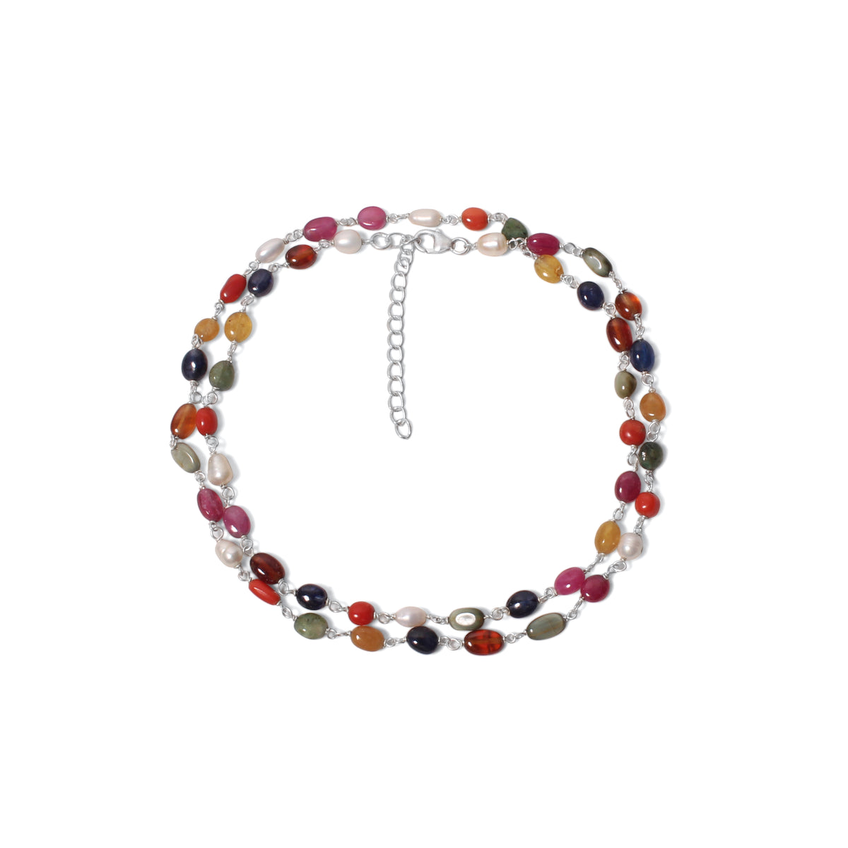 Elegant Natural Navratna Gemstone Necklace – 4×7 mm Smooth Oval Nuggets for Luck, Prosperity & Harmony