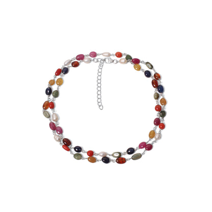 Elegant Natural Navratna Gemstone Necklace – 4×7 mm Smooth Oval Nuggets for Luck, Prosperity & Harmony