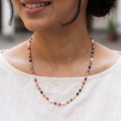 Elegant Natural Navratna Gemstone Necklace – 4×7 mm Smooth Oval Nuggets for Luck, Prosperity & Harmony