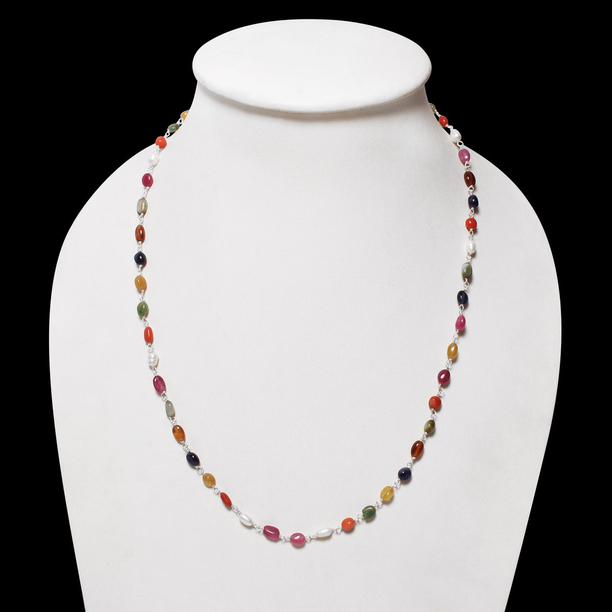 Elegant Natural Navratna Gemstone Necklace – 4×7 mm Smooth Oval Nuggets for Luck, Prosperity & Harmony