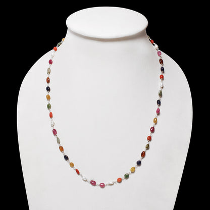 Elegant Natural Navratna Gemstone Necklace – 4×7 mm Smooth Oval Nuggets for Luck, Prosperity & Harmony