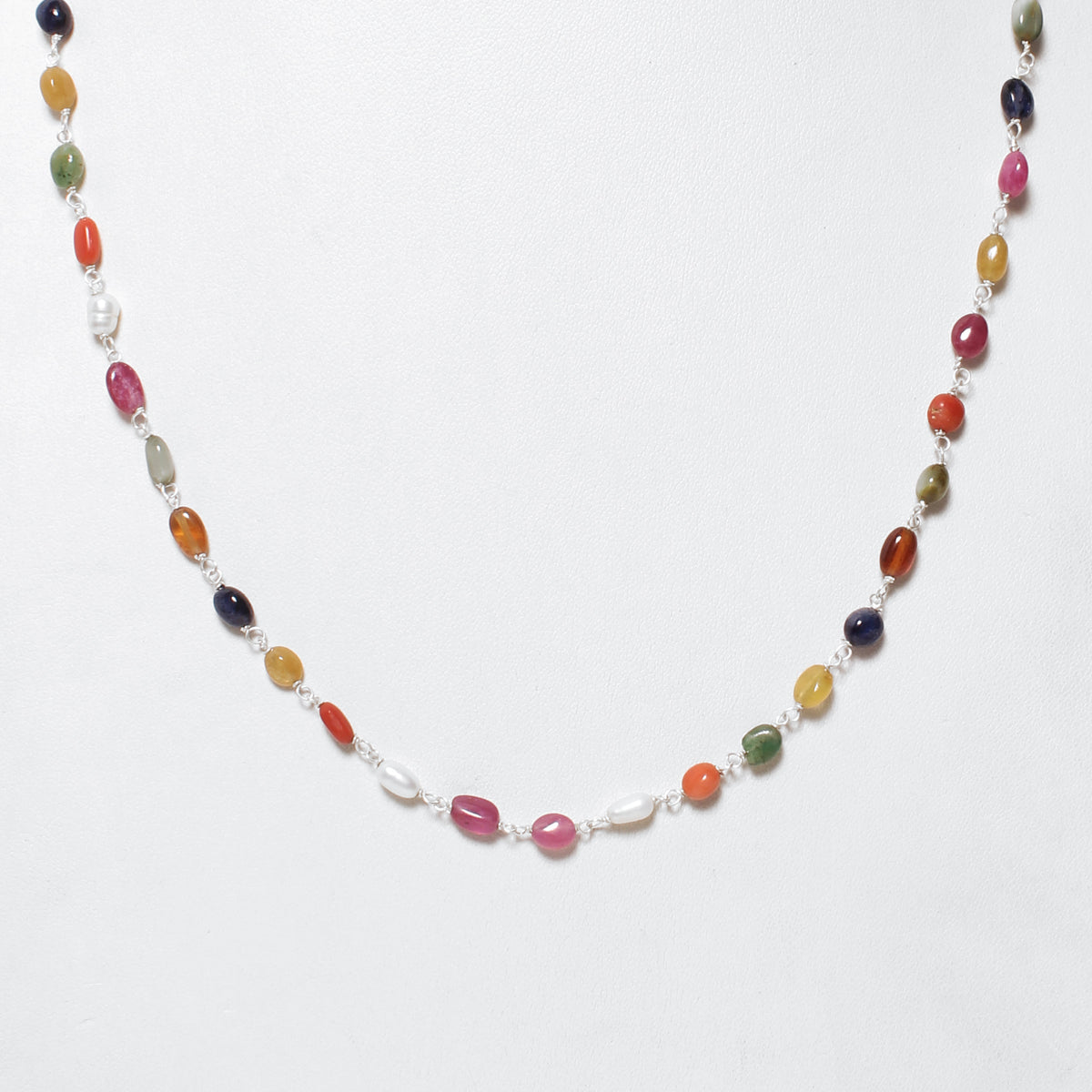 Elegant Natural Navratna Gemstone Necklace – 4×7 mm Smooth Oval Nuggets for Luck, Prosperity & Harmony