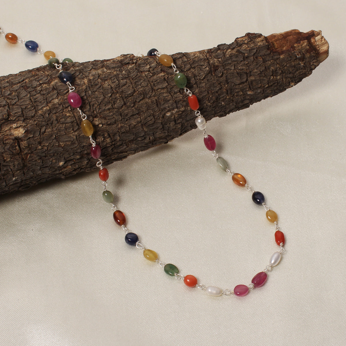 Elegant Natural Navratna Gemstone Necklace – 4×7 mm Smooth Oval Nuggets for Luck, Prosperity & Harmony