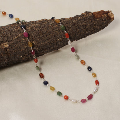 Elegant Natural Navratna Gemstone Necklace – 4×7 mm Smooth Oval Nuggets for Luck, Prosperity & Harmony