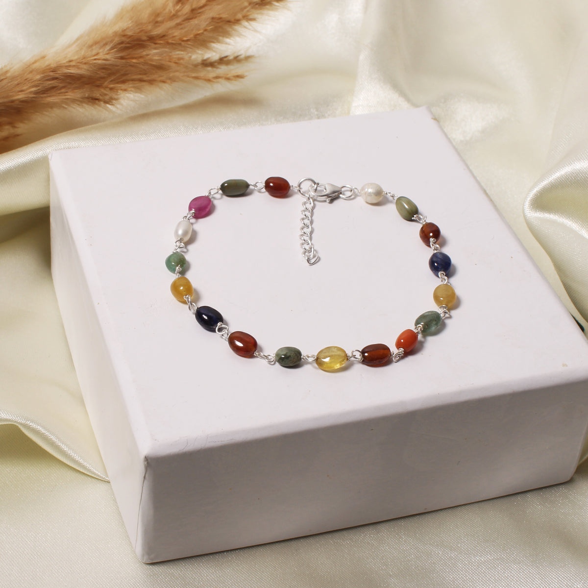 Premium Natural Navratna 4×7 mm Gemstone Bracelet – Smooth Oval Beads for Good Fortune, Success & Prosperity