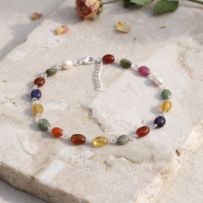Premium Natural Navratna 4×7 mm Gemstone Bracelet – Smooth Oval Beads for Good Fortune, Success & Prosperity
