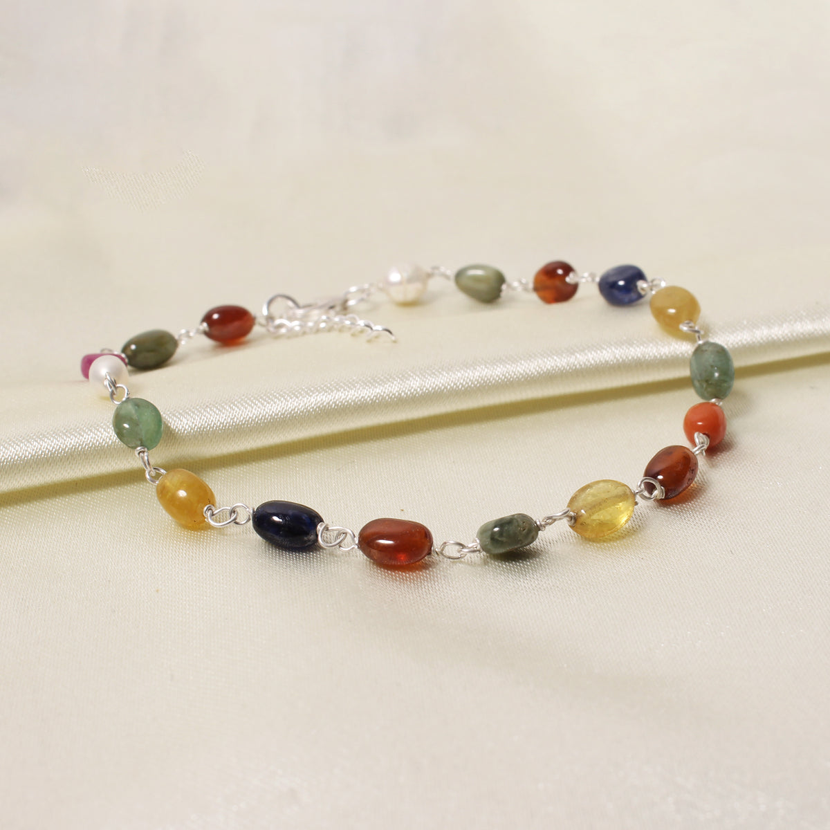 Premium Natural Navratna 4×7 mm Gemstone Bracelet – Smooth Oval Beads for Good Fortune, Success & Prosperity