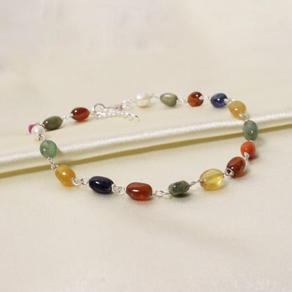 Premium Natural Navratna 4×7 mm Gemstone Bracelet – Smooth Oval Beads for Good Fortune, Success & Prosperity
