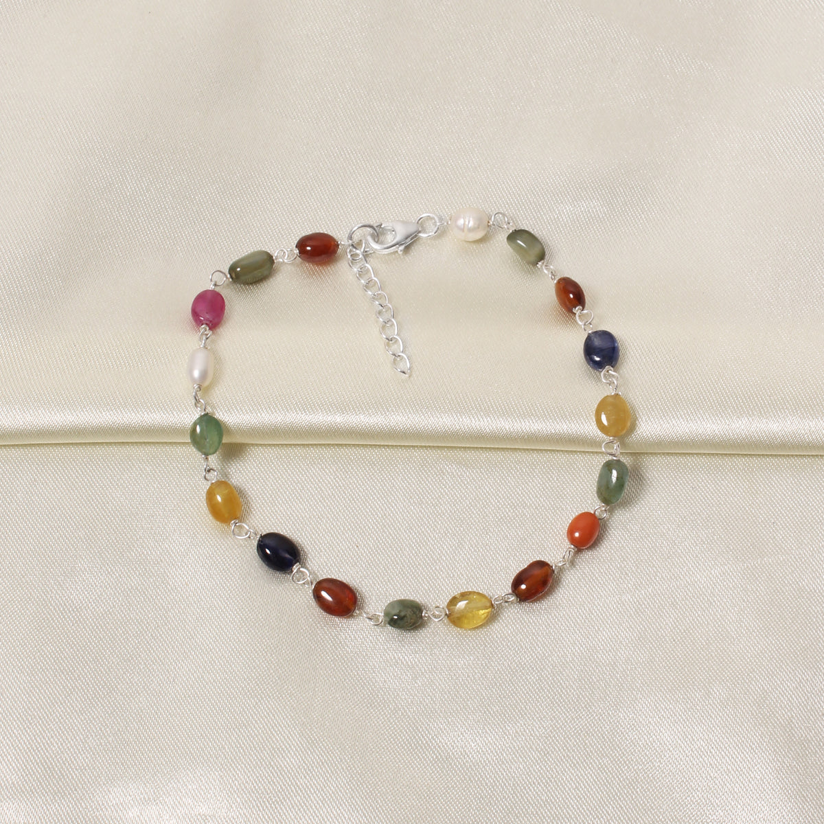 Premium Natural Navratna 4×7 mm Gemstone Bracelet – Smooth Oval Beads for Good Fortune, Success & Prosperity