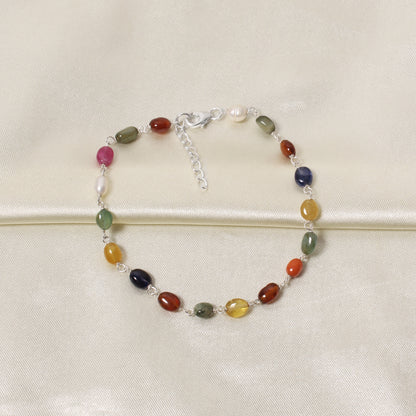 Premium Natural Navratna 4×7 mm Gemstone Bracelet – Smooth Oval Beads for Good Fortune, Success & Prosperity