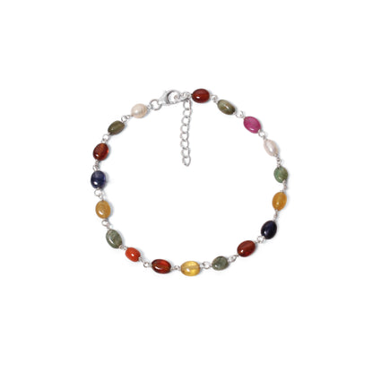 Premium Natural Navratna 4×7 mm Gemstone Bracelet – Smooth Oval Beads for Good Fortune, Success & Prosperity