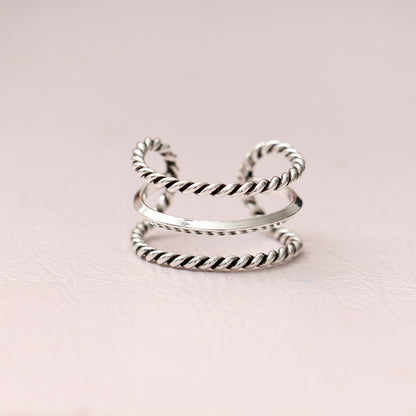 Twisted Cuff Design 925 Sterling Silver Ring – Adjustable Minimalist Statement Band
