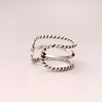 Twisted Cuff Design 925 Sterling Silver Ring – Adjustable Minimalist Statement Band
