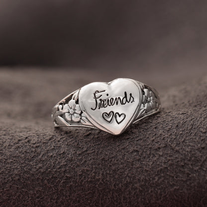 925 Sterling Silver Heart 'Friends' Ring With Floral Details – Perfect Friendship Gift