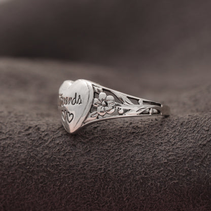 925 Sterling Silver Heart 'Friends' Ring With Floral Details – Perfect Friendship Gift