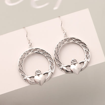 Sterling Silver Claddagh Circle Dangle Earrings – Symbol of Love, Loyalty & Friendship, Celtic Heart Crown Design