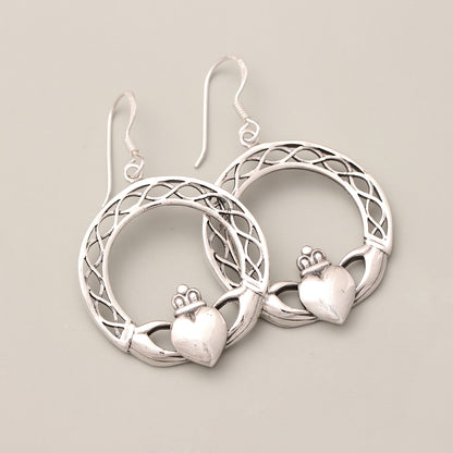Sterling Silver Claddagh Circle Dangle Earrings – Symbol of Love, Loyalty & Friendship, Celtic Heart Crown Design