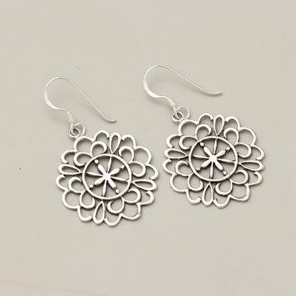 Sterling Silver Lace Shape Dangle Earrings – Elegant Floral Mandala Design, Lightweight Boho Drop Earrings for Women