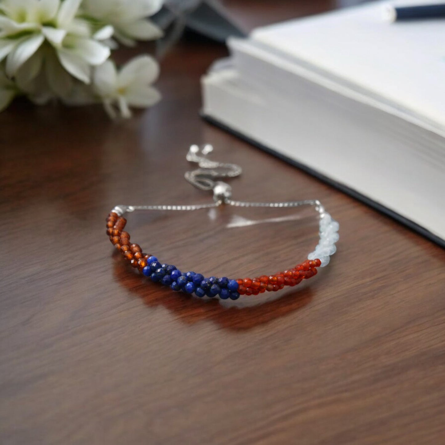 Aquamarine / Hessonite / lapis lazuli/ Carnelian Twist Layer Silver Bracelet ( Bolo Bracelet )