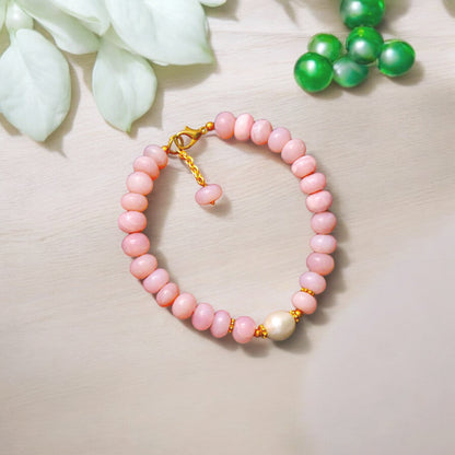 Elegant Pink Opal Gold Plated Chain Bracelet: Delight In Charming Smooth Gemstone Beads