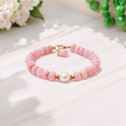 Elegant Pink Opal Gold Plated Chain Bracelet: Delight In Charming Smooth Gemstone Beads