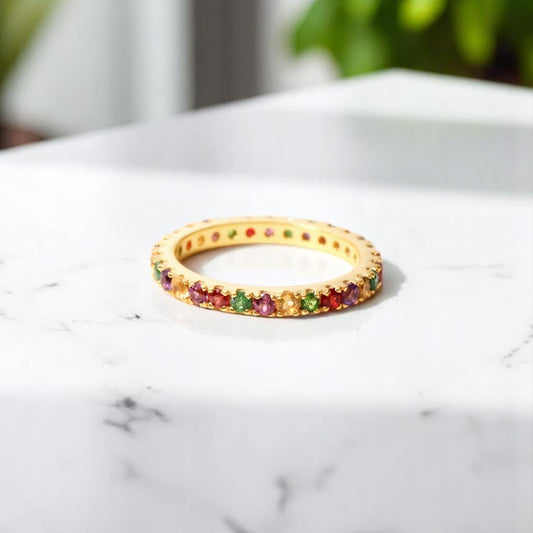 925 Sterling Silver Natural Multi-Stone Eternity Band Ring– Minimal & Elegant