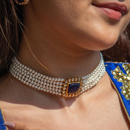 Heirloom Elegance: Carved Sapphire & Pearl Jewelry Set