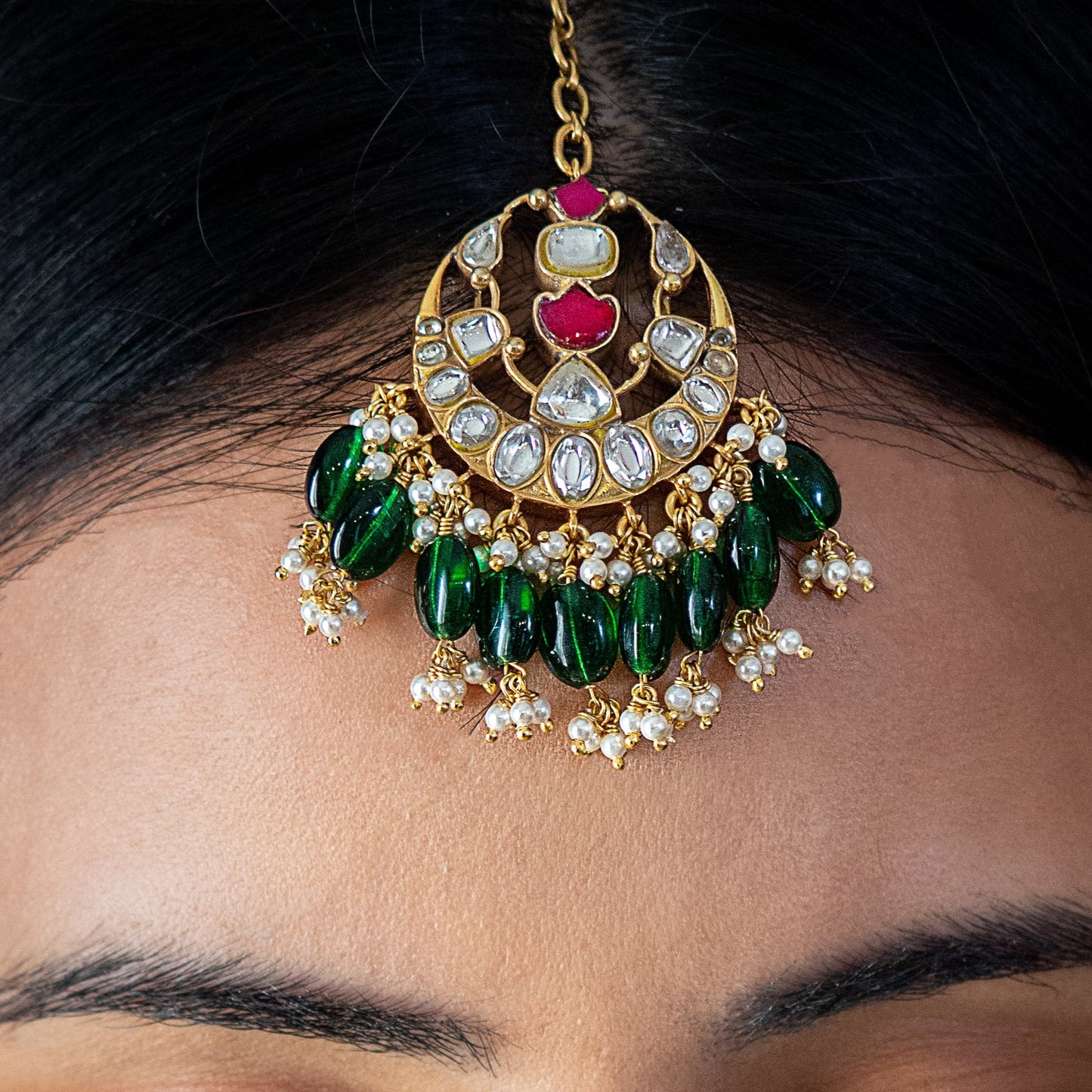 Enthralling Ethnic Maang Tikka : Simulated Ruby, Faux Diamonds & Quartz Emerald