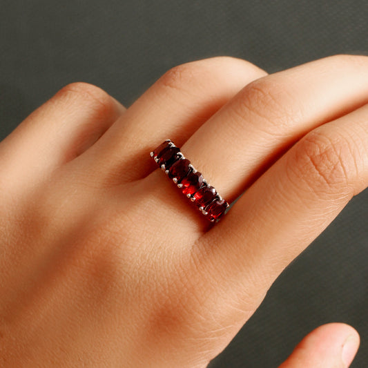 925 Sterling Silver Natural Garnet Half Eternity Ring For Wedding Anniversary Gift For Her Ring