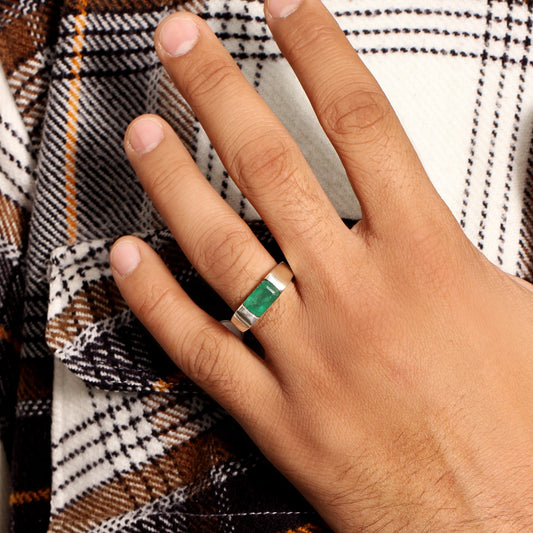 925 Sterling Silver Men's Natural Emerald Ring – Bold Minimalism with Natural Power