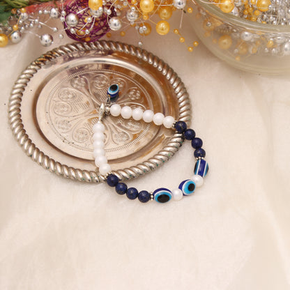 Pearl & Lapis Lazuli Evil Eye Rakhi - Protective & Healing Bracelet