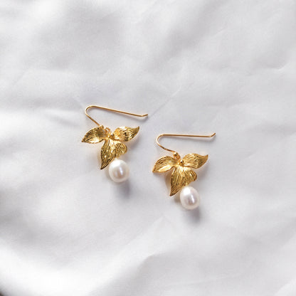 Gold Plated 925 Sterling Silver Pearl Drop Orchid Flower Earrings