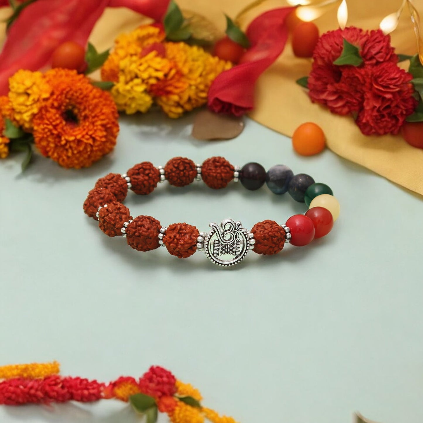 7 chakra & rudraksha Beaded Bracelet/Rakhi With Om Charm