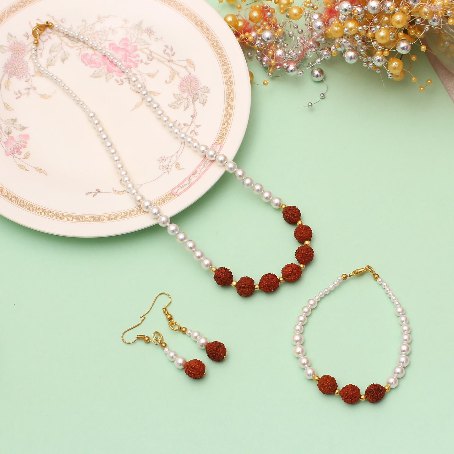 Real Pearl & Rudraksha Beaded Necklace