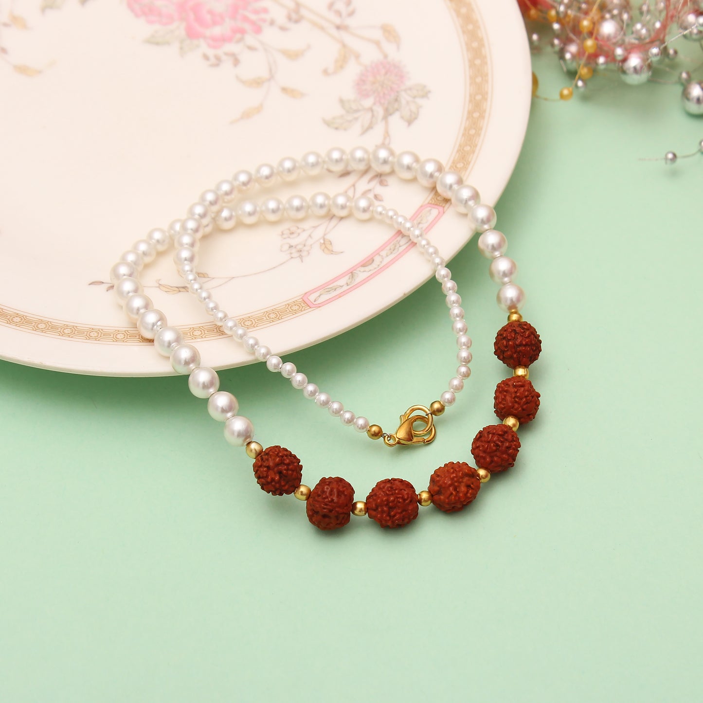 Real Pearl & Rudraksha Beaded Necklace